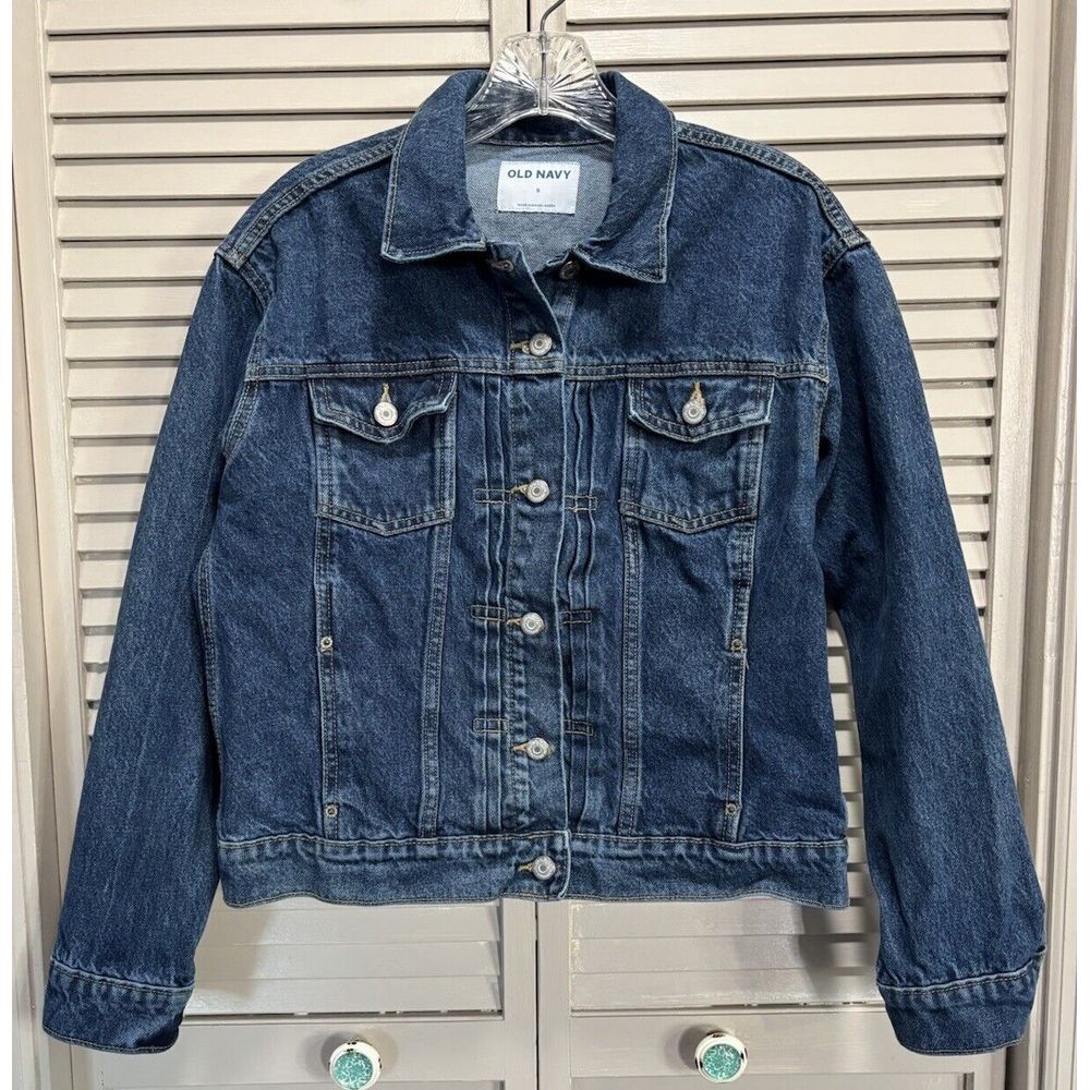 Old Navy Dark Wash Denim Jacket Size Small Pockets Button Up Collar Cotton